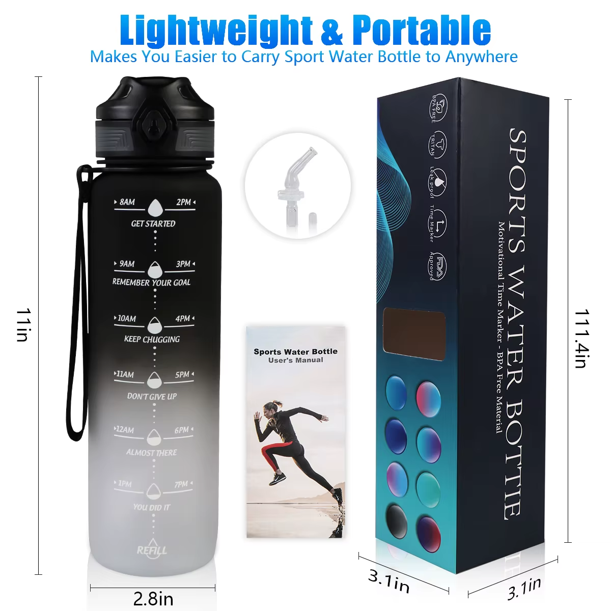 Lunidry Water Bottles 1 Liter with Straw Time Marker Motivational Water Jug Bpa-Free Leakproof Large Capacity Outdoor Drinkware