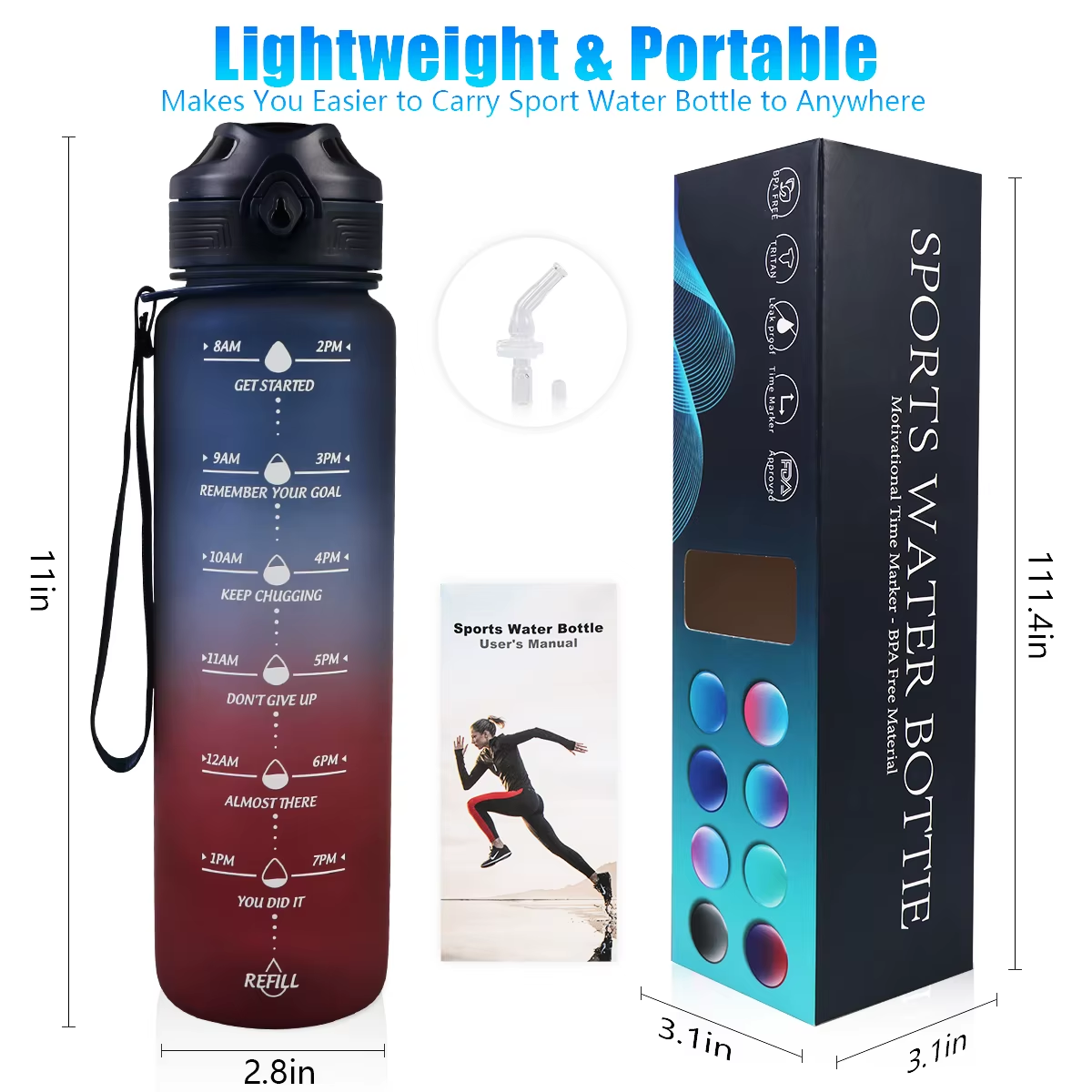 Lunidry Water Bottles 1 Liter with Straw Time Marker Motivational Water Jug Bpa-Free Leakproof Large Capacity Outdoor Drinkware